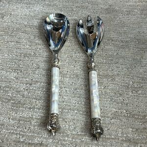 Mother of Pearl & Silver Plate Crown 2 Piece Salad Set Easter Christmas